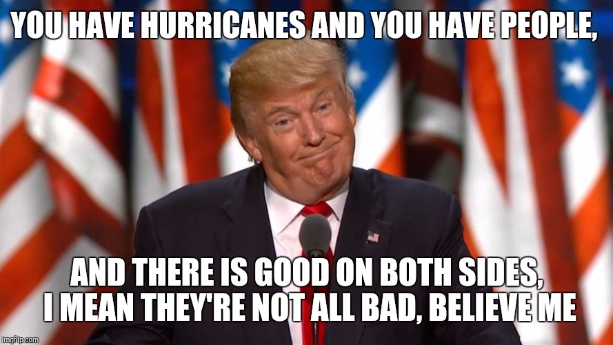 YOU HAVE HURRICANES AND YOU HAVE PEOPLE, AND THERE IS GOOD ON BOTH SIDES, I MEAN THEY'RE NOT ALL BAD, BELIEVE ME | made w/ Imgflip meme maker