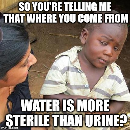 Guess that means no piss bathes, huh? | SO YOU'RE TELLING ME THAT WHERE YOU COME FROM; WATER IS MORE STERILE THAN URINE? | image tagged in memes,third world skeptical kid | made w/ Imgflip meme maker