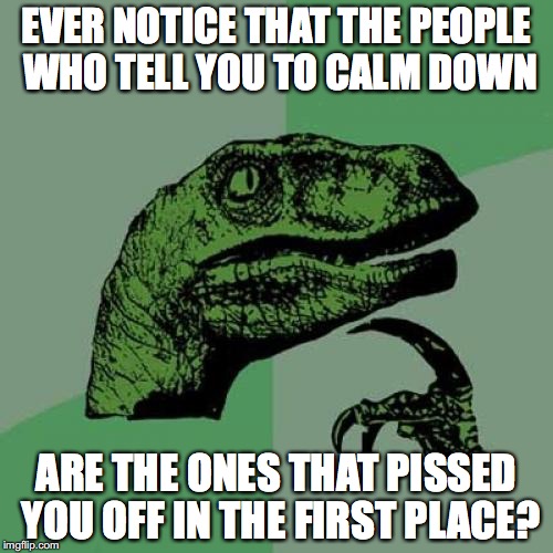 Philosoraptor Meme | EVER NOTICE THAT THE PEOPLE WHO TELL YOU TO CALM DOWN; ARE THE ONES THAT PISSED YOU OFF IN THE FIRST PLACE? | image tagged in memes,philosoraptor | made w/ Imgflip meme maker