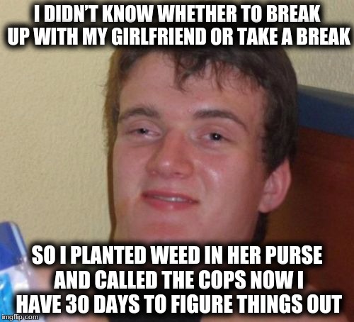 10 Guy | I DIDN’T KNOW WHETHER TO BREAK UP WITH MY GIRLFRIEND OR TAKE A BREAK; SO I PLANTED WEED IN HER PURSE AND CALLED THE COPS NOW I HAVE 30 DAYS TO FIGURE THINGS OUT | image tagged in memes,10 guy | made w/ Imgflip meme maker