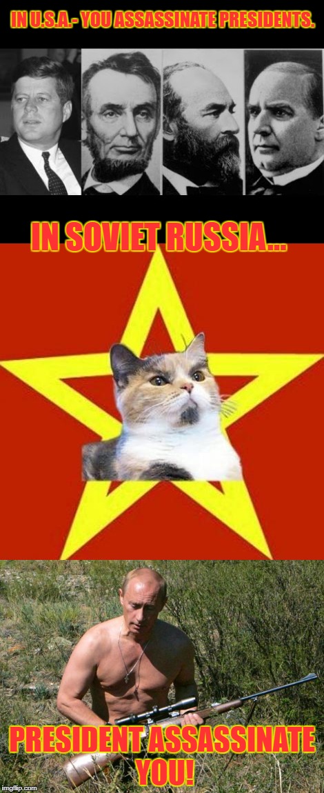 Cultural differences. | IN U.S.A.- YOU ASSASSINATE PRESIDENTS. IN SOVIET RUSSIA... PRESIDENT ASSASSINATE YOU! | image tagged in lenin cat,russia,putin,president | made w/ Imgflip meme maker