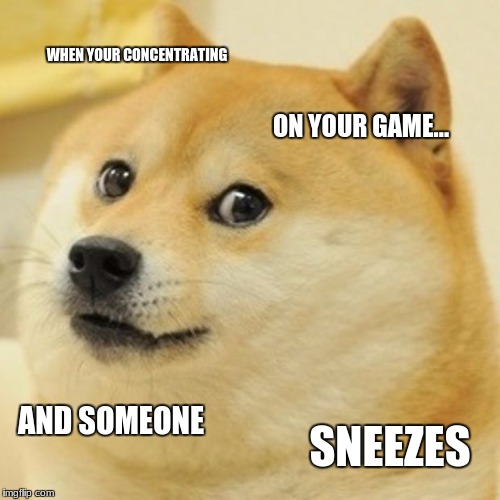 Doge | WHEN YOUR CONCENTRATING; ON YOUR GAME... AND SOMEONE; SNEEZES | image tagged in memes,doge | made w/ Imgflip meme maker