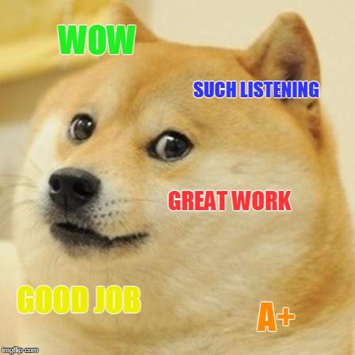 Doge Meme | WOW; SUCH LISTENING; GREAT WORK; GOOD JOB; A+ | image tagged in memes,doge | made w/ Imgflip meme maker