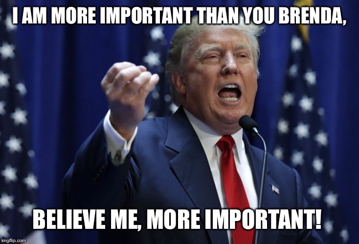 Trump | I AM MORE IMPORTANT THAN YOU BRENDA, BELIEVE ME, MORE IMPORTANT! | image tagged in trump | made w/ Imgflip meme maker