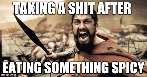 Sparta Leonidas Meme | TAKING A SHIT AFTER; EATING SOMETHING SPICY | image tagged in memes,sparta leonidas | made w/ Imgflip meme maker