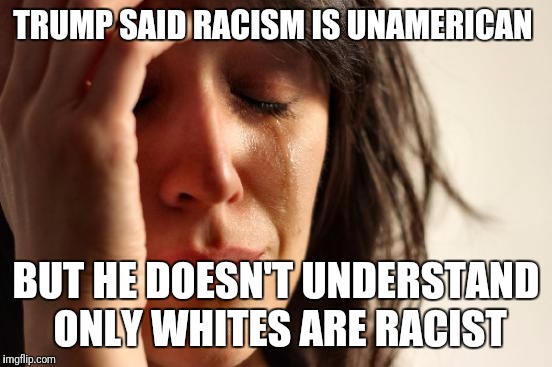 First World Problems | TRUMP SAID RACISM IS UNAMERICAN; BUT HE DOESN'T UNDERSTAND ONLY WHITES ARE RACIST | image tagged in memes,first world problems | made w/ Imgflip meme maker