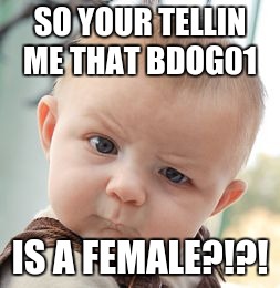 Skeptical Baby | SO YOUR TELLIN ME THAT BDOG01; IS A FEMALE?!?! | image tagged in memes,skeptical baby | made w/ Imgflip meme maker