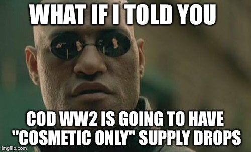 Matrix Morpheus | WHAT IF I TOLD YOU; COD WW2 IS GOING TO HAVE "COSMETIC ONLY" SUPPLY DROPS | image tagged in memes,matrix morpheus | made w/ Imgflip meme maker