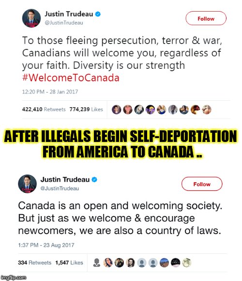 AFTER ILLEGALS BEGIN SELF-DEPORTATION FROM AMERICA TO CANADA .. | image tagged in illegal immigration,america vs canada,justin trudeau | made w/ Imgflip meme maker