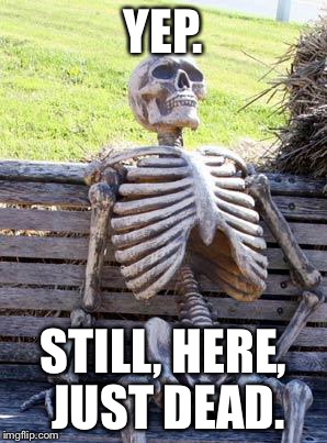Waiting Skeleton Meme | YEP. STILL, HERE, JUST DEAD. | image tagged in memes,waiting skeleton | made w/ Imgflip meme maker