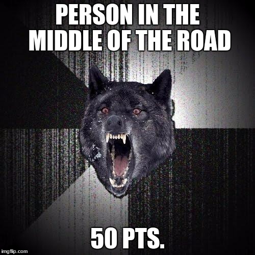 Insanity Wolf Meme | PERSON IN THE MIDDLE OF THE ROAD; 50 PTS. | image tagged in memes,insanity wolf | made w/ Imgflip meme maker