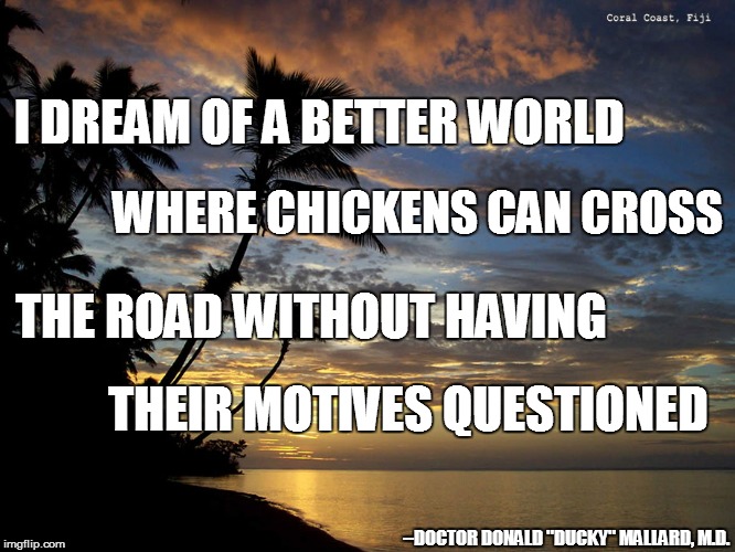 Someday ... | I DREAM OF A BETTER WORLD; WHERE CHICKENS CAN CROSS; THE ROAD WITHOUT HAVING; THEIR MOTIVES QUESTIONED; --DOCTOR DONALD "DUCKY" MALLARD, M.D. | image tagged in funny | made w/ Imgflip meme maker