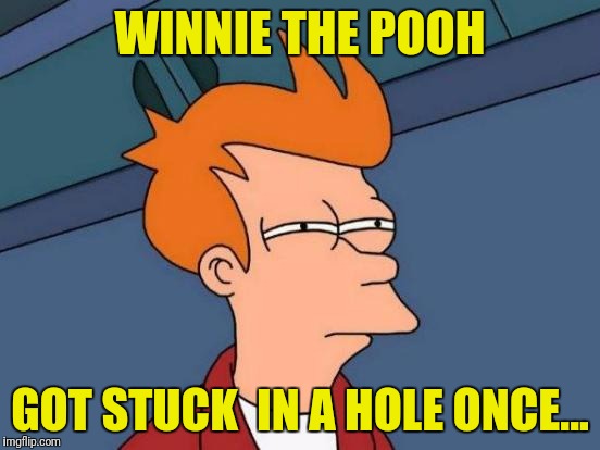 Futurama Fry Meme | WINNIE THE POOH GOT STUCK  IN A HOLE ONCE... | image tagged in memes,futurama fry | made w/ Imgflip meme maker