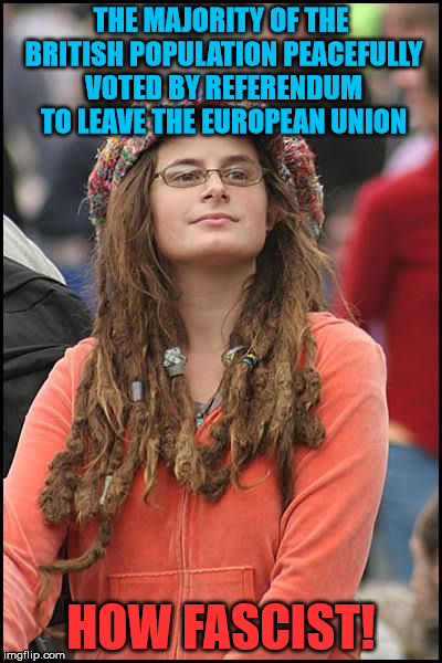 You keep using that word. I don't think it means what you think it means | THE MAJORITY OF THE BRITISH POPULATION PEACEFULLY VOTED BY REFERENDUM TO LEAVE THE EUROPEAN UNION; HOW FASCIST! | image tagged in memes,college liberal | made w/ Imgflip meme maker