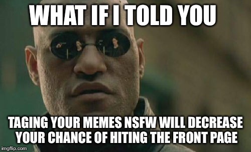 Anyone ever done that ? | WHAT IF I TOLD YOU; TAGING YOUR MEMES NSFW WILL DECREASE YOUR CHANCE OF HITING THE FRONT PAGE | image tagged in memes,matrix morpheus | made w/ Imgflip meme maker