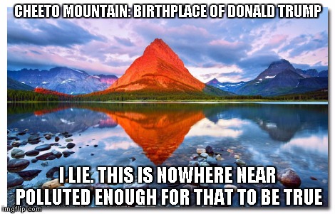 Cheeto Mountain | CHEETO MOUNTAIN: BIRTHPLACE OF DONALD TRUMP; I LIE. THIS IS NOWHERE NEAR POLLUTED ENOUGH FOR THAT TO BE TRUE | image tagged in cheeto mountain,donald trump,president cheeto,not my president,pollution | made w/ Imgflip meme maker