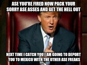 Donald Trump | ASE YOU'RE FIRED NOW PACK YOUR SORRY ASE ASSES AND GET THE HELL OUT; NEXT TIME I CATCH YOU I AM GOING TO DEPORT  YOU TO MEXICO WITH THE OTHER ASE FREAKS | image tagged in donald trump | made w/ Imgflip meme maker