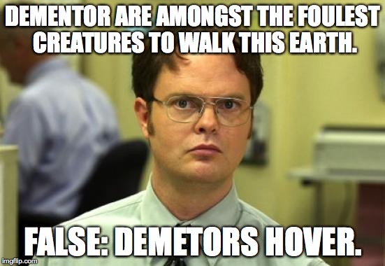 Dwight Schrute Meme | DEMENTOR ARE AMONGST THE FOULEST CREATURES TO WALK THIS EARTH. FALSE: DEMETORS HOVER. | image tagged in memes,dwight schrute,harry potter | made w/ Imgflip meme maker