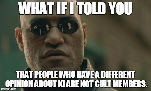 Matrix Morpheus Meme | WHAT IF I TOLD YOU; THAT PEOPLE WHO HAVE A DIFFERENT OPINION ABOUT KI ARE NOT CULT MEMBERS. | image tagged in memes,matrix morpheus | made w/ Imgflip meme maker
