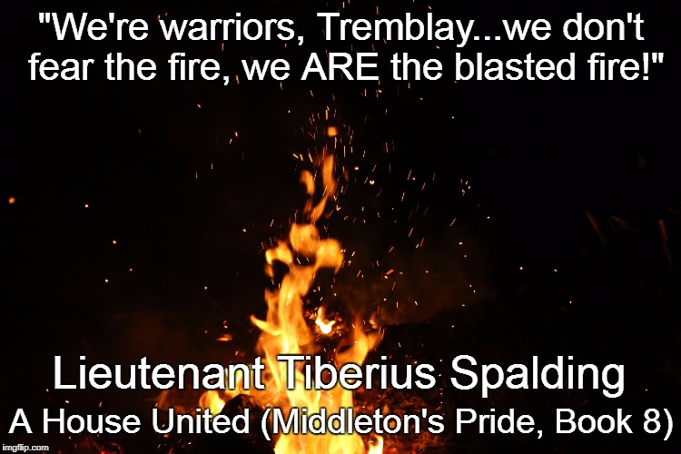 A House United #3 | "We're warriors, Tremblay...we don't fear the fire, we ARE the blasted fire!"; Lieutenant Tiberius Spalding; A House United (Middleton's Pride, Book 8) | image tagged in memes,books,caleb wachter,a house united,middleton's pride,book quotes | made w/ Imgflip meme maker