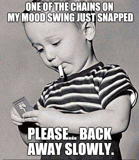 Moods | ONE OF THE CHAINS ON MY MOOD SWING JUST SNAPPED; PLEASE... BACK AWAY SLOWLY. | image tagged in surprising child,memes,smoking kid,angry,warning,stop it | made w/ Imgflip meme maker