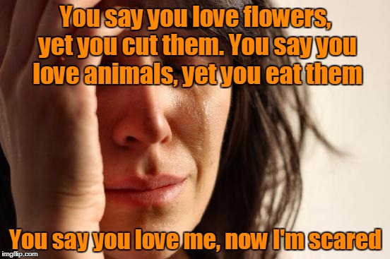 First World Problems | You say you love flowers, yet you cut them. You say you love animals, yet you eat them; You say you love me, now I'm scared | image tagged in memes,first world problems,trhtimmy | made w/ Imgflip meme maker