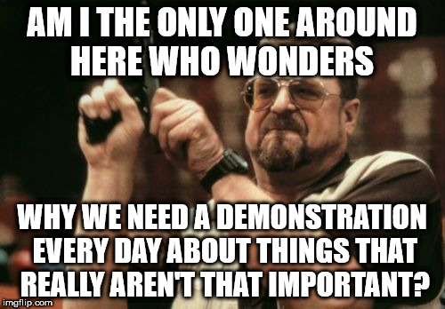 Am I The Only One Around Here | AM I THE ONLY ONE AROUND HERE WHO WONDERS; WHY WE NEED A DEMONSTRATION EVERY DAY ABOUT THINGS THAT REALLY AREN'T THAT IMPORTANT? | image tagged in memes,am i the only one around here | made w/ Imgflip meme maker