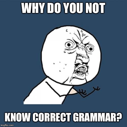 Y U No | WHY DO YOU NOT; KNOW CORRECT GRAMMAR? | image tagged in memes,y u no | made w/ Imgflip meme maker