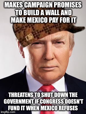Trumpisms | MAKES CAMPAIGN PROMISES TO BUILD A WALL AND MAKE MEXICO PAY FOR IT; THREATENS TO SHUT DOWN THE GOVERNMENT IF CONGRESS DOESN'T FUND IT WHEN MEXICO REFUSES | image tagged in donald trump,scumbag | made w/ Imgflip meme maker