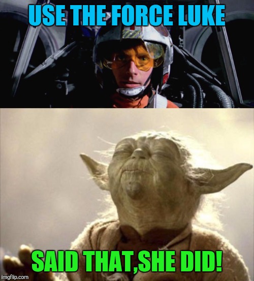Said that, she did | USE THE FORCE LUKE; SAID THAT,SHE DID! | image tagged in memes,yoda,luke skywalker,star wars | made w/ Imgflip meme maker