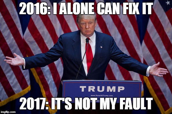 Donald Trump | 2016: I ALONE CAN FIX IT; 2017: IT'S NOT MY FAULT | image tagged in donald trump | made w/ Imgflip meme maker