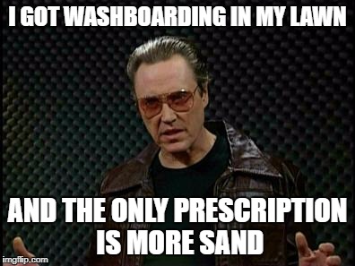 Needs More Cowbell | I GOT WASHBOARDING IN MY LAWN; AND THE ONLY PRESCRIPTION IS MORE SAND | image tagged in needs more cowbell | made w/ Imgflip meme maker