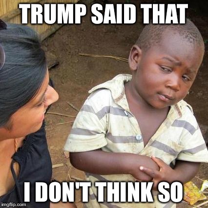 Third World Skeptical Kid Meme | TRUMP SAID THAT; I DON'T THINK SO | image tagged in memes,third world skeptical kid | made w/ Imgflip meme maker