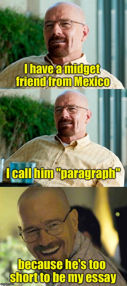 Breaking Bad Pun | I have a midget friend from Mexico; I call him "paragraph"; because he's too short to be my essay | image tagged in breaking bad pun | made w/ Imgflip meme maker