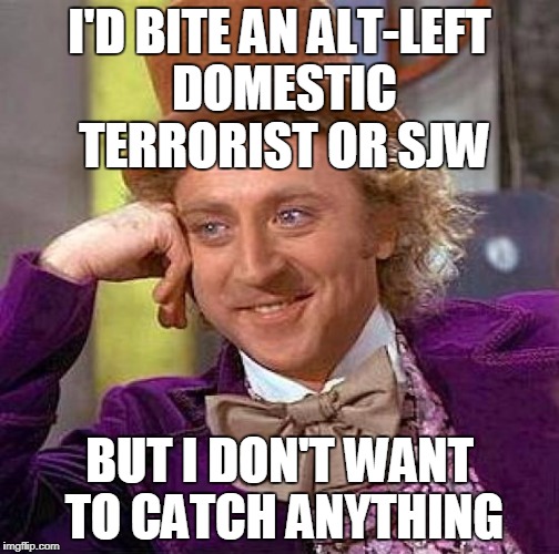 Creepy Condescending Wonka Meme | I'D BITE AN ALT-LEFT DOMESTIC TERRORIST OR SJW BUT I DON'T WANT TO CATCH ANYTHING | image tagged in memes,creepy condescending wonka | made w/ Imgflip meme maker