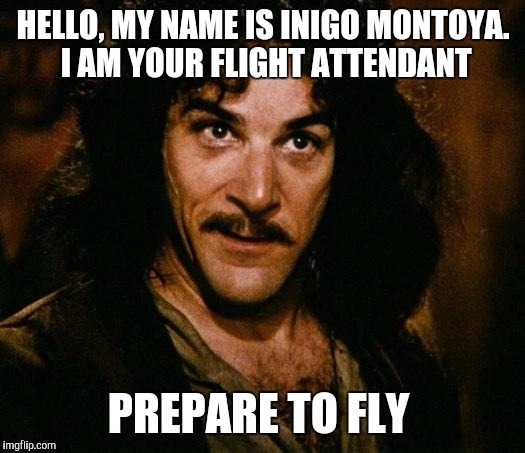 Prepare to fly  | HELLO, MY NAME IS INIGO MONTOYA. I AM YOUR FLIGHT ATTENDANT; PREPARE TO FLY | image tagged in memes,inigo montoya,jbmemegeek,puns | made w/ Imgflip meme maker