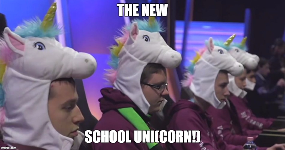 unicorns of love | THE NEW; SCHOOL UNI(CORN!) | image tagged in unicorns of love | made w/ Imgflip meme maker
