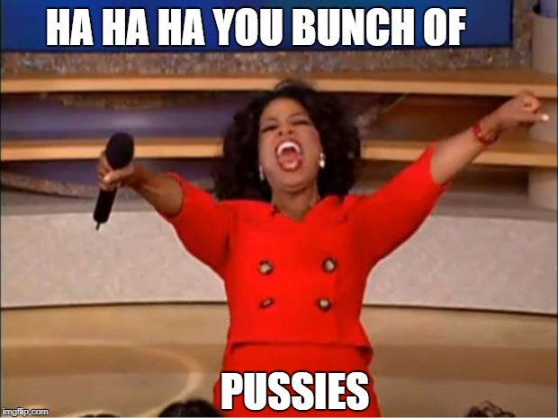 Attn: Leftists | HA HA HA YOU BUNCH OF; PUSSIES | image tagged in memes,oprah you get a,do not pass go,dumb dog,barking,da goof | made w/ Imgflip meme maker