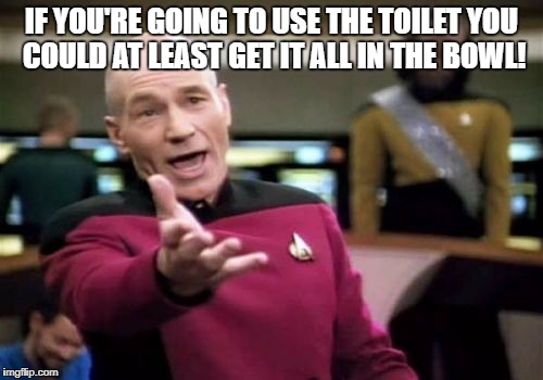 What is this! | IF YOU'RE GOING TO USE THE TOILET YOU COULD AT LEAST GET IT ALL IN THE BOWL! | image tagged in memes,picard wtf,missed,tp,td,imagine that | made w/ Imgflip meme maker