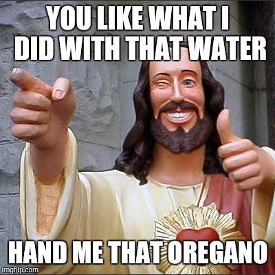Buddy Christ Meme | YOU LIKE WHAT I DID WITH THAT WATER; HAND ME THAT OREGANO | image tagged in memes,buddy christ | made w/ Imgflip meme maker