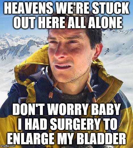 Bear Grylls I Got You Covered | HEAVENS WE'RE STUCK OUT HERE ALL ALONE; DON'T WORRY BABY I HAD SURGERY TO ENLARGE MY BLADDER | image tagged in memes,bear grylls,bear,confession bear | made w/ Imgflip meme maker