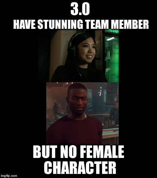 3.0; HAVE STUNNING TEAM MEMBER; BUT NO FEMALE CHARACTER | image tagged in faceoverip | made w/ Imgflip meme maker