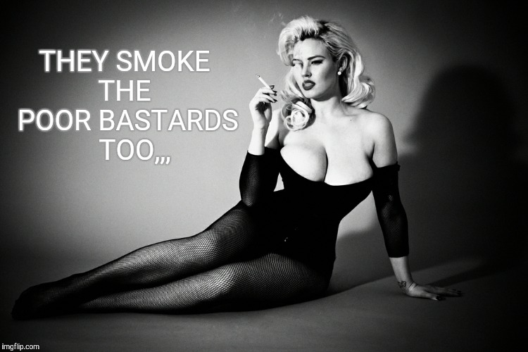 Gia Genevieve, femme fatale noir pinup,,, | THEY SMOKE  THE   POOR BASTARDS   TOO,,, | image tagged in gia genevieve femme fatale noir pinup   | made w/ Imgflip meme maker