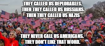 American Patriots | THEY CALLED US DEPLORABLES. THEN THEY CALLED US RUSSIANS. THEN THEY CALLED US NAZIS; THEY NEVER CALL US AMERICANS. THEY DON'T LIKE THAT WORD. | image tagged in patriots | made w/ Imgflip meme maker