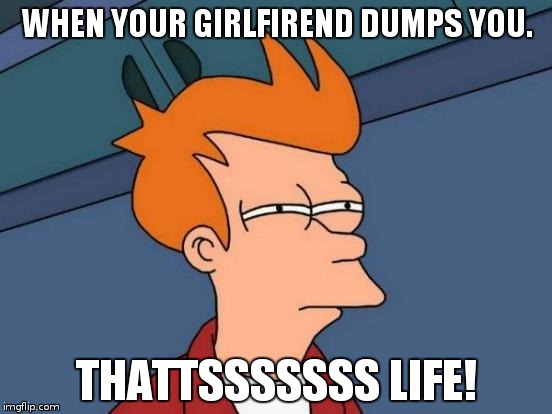 Futurama Fry | WHEN YOUR GIRLFIREND DUMPS YOU. THATTSSSSSSS LIFE! | image tagged in memes,futurama fry | made w/ Imgflip meme maker