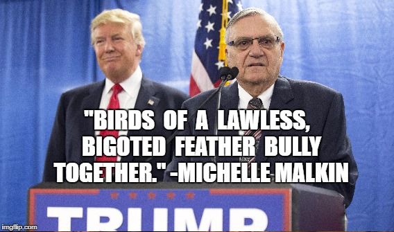 Presidential Abuse | "BIRDS  OF  A  LAWLESS,  BIGOTED  FEATHER  BULLY  TOGETHER." -MICHELLE MALKIN | image tagged in trump,arpaio,bigots,lawless | made w/ Imgflip meme maker