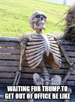 Waiting Skeleton Meme | WAITING FOR TRUMP TO GET OUT OF OFFICE BE LIKE | image tagged in memes,waiting skeleton | made w/ Imgflip meme maker