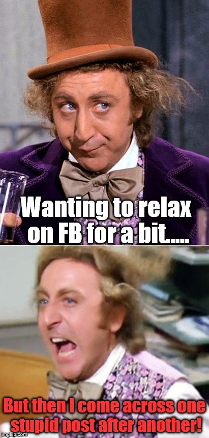 Worried Wonka | Wanting to relax on FB for a bit..... But then I come across one stupid post after another! | image tagged in worried wonka | made w/ Imgflip meme maker