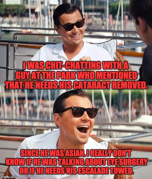 Leonardo Dicaprio Wolf Of Wall Street Meme | I WAS CHIT-CHATTING WITH A GUY AT THE PARK WHO MENTIONED THAT HE NEEDS HIS CATARACT REMOVED. SINCE HE WAS ASIAN, I REALLY DON'T KNOW IF HE WAS TALKING ABOUT EYE SURGERY OR IF HE NEEDS HIS ESCALADE TOWED. | image tagged in memes,leonardo dicaprio wolf of wall street | made w/ Imgflip meme maker