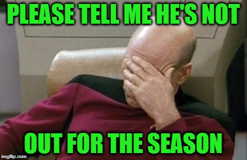 Captain Picard Facepalm Meme | PLEASE TELL ME HE'S NOT OUT FOR THE SEASON | image tagged in memes,captain picard facepalm | made w/ Imgflip meme maker